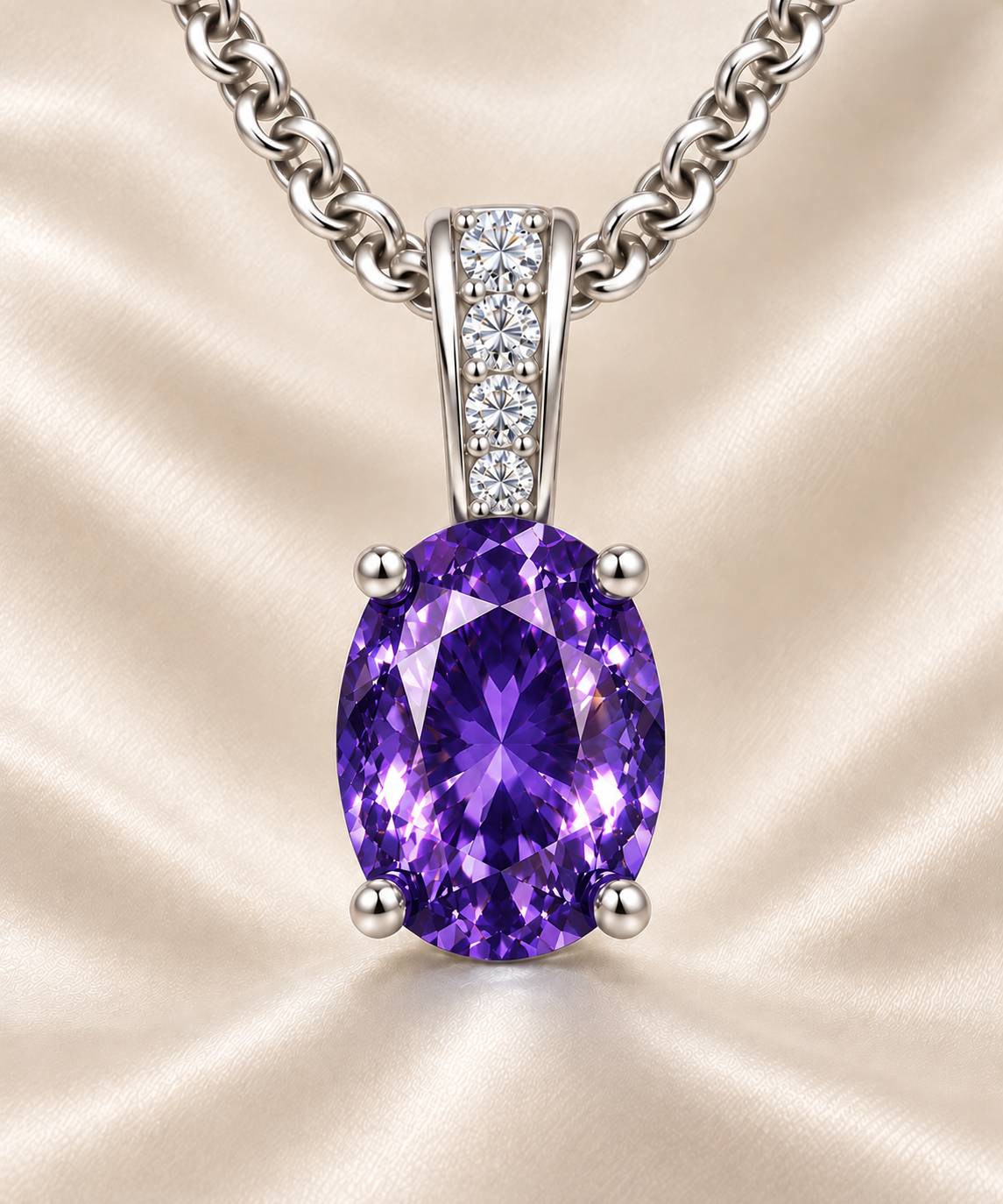 Purple sapphire pendant, 7×5 mm oval, crafted in white gold-plated 925 silver. Elegant and hypoallergenic for daily wear. Available now at BSI Jewelry.