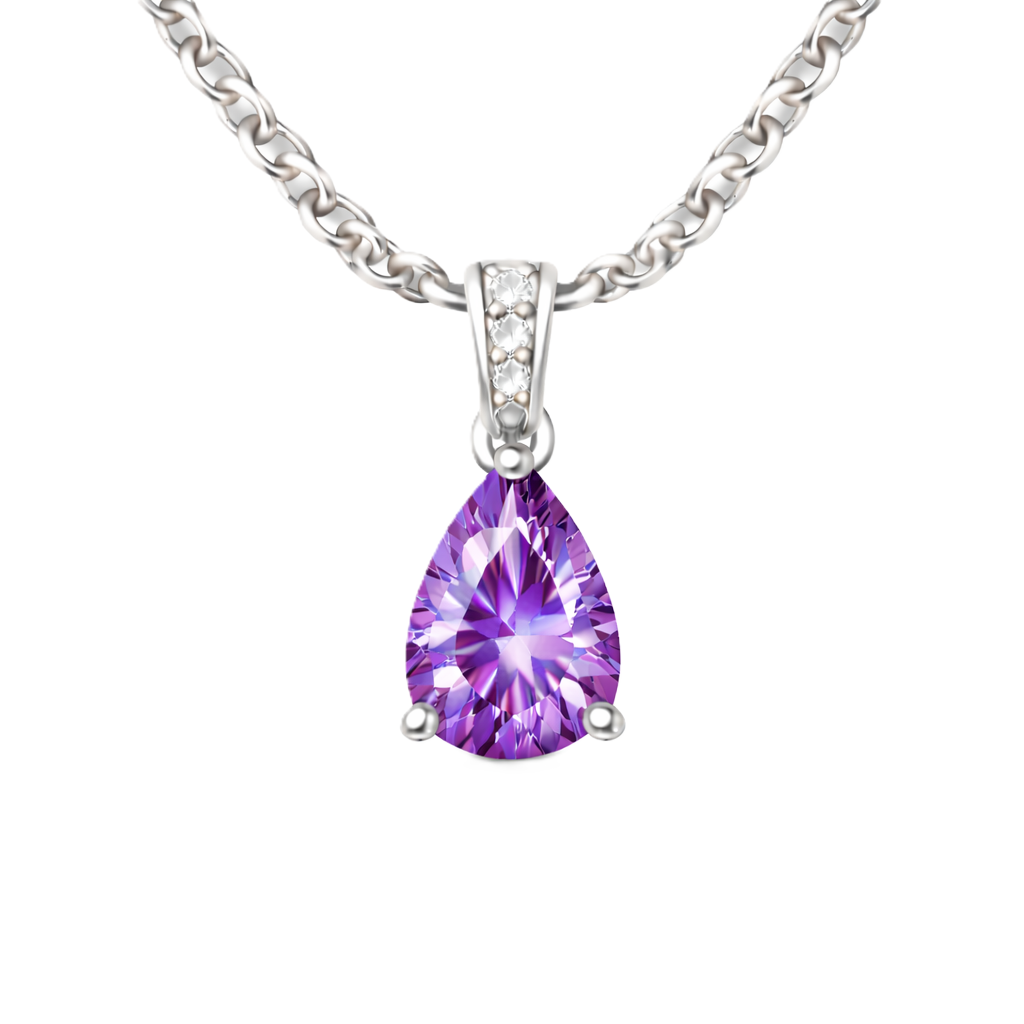 Purple sapphire pendant with a 7×5 mm pear cut, set in white gold-plated 925 silver. Rich, elegant, and refined for daily wear. Available now at BSI Jewelry.