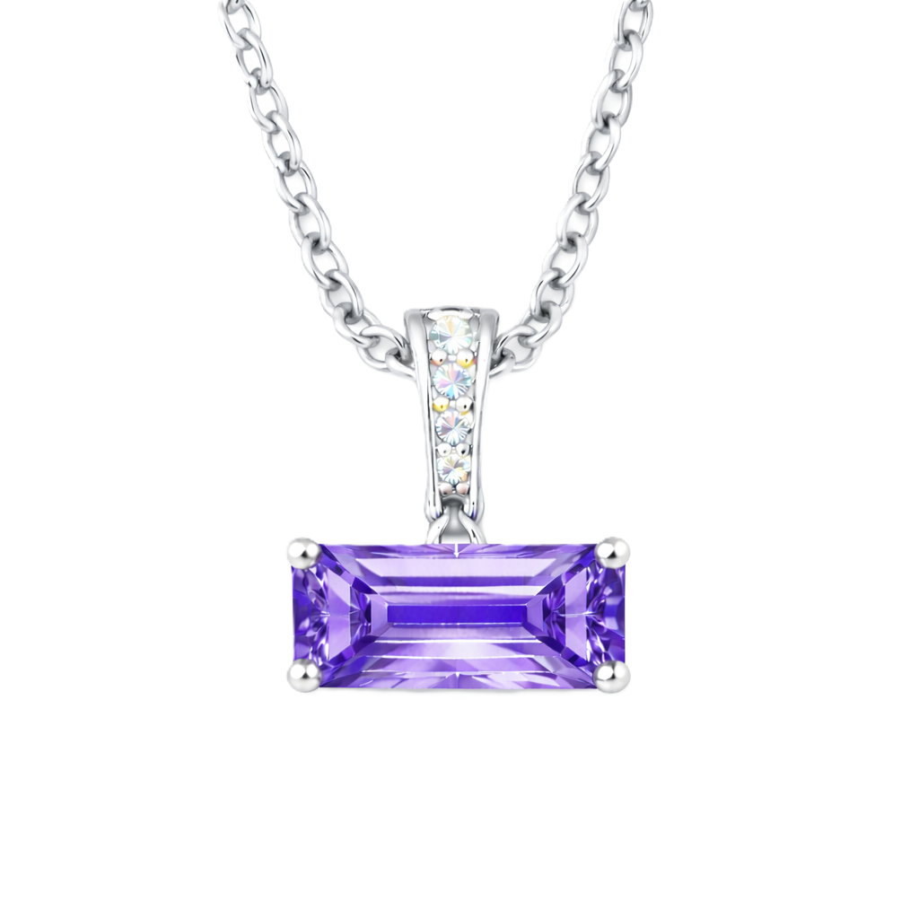 Purple sapphire pendant with an 8×5 mm baguette in white gold-plated 925 silver, accented with moissanite. Elegant and refined. Available now at BSI Jewelry.