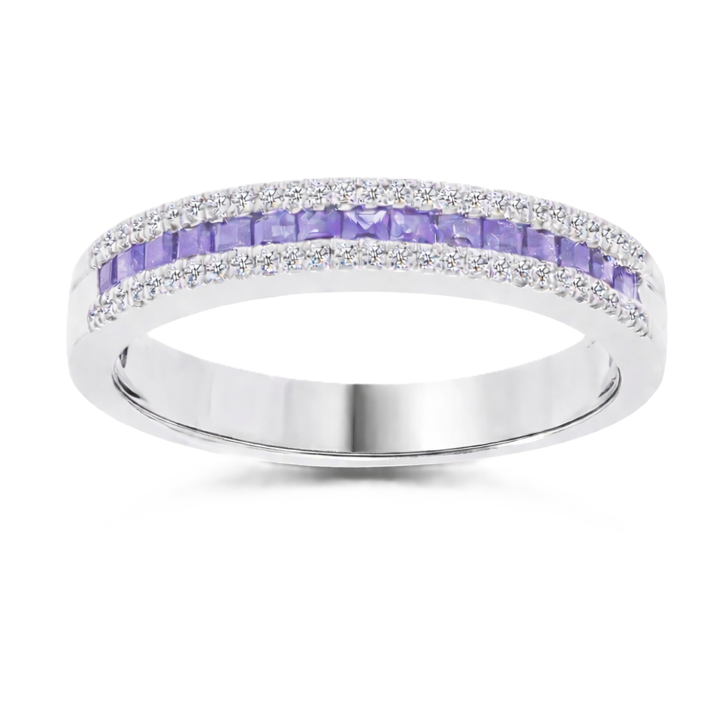 Purple sapphire ring with 1.40 mm square stones in white gold-plated 925 silver, accented with moissanite for refined sparkle. Available now at BSI Jewelry.