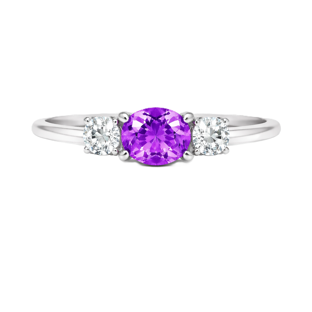 Purple sapphire ring, 5×4 mm oval with moissanite accents in white gold-plated 925 silver. Elegant and hypoallergenic. Available now at BSI Jewelry.