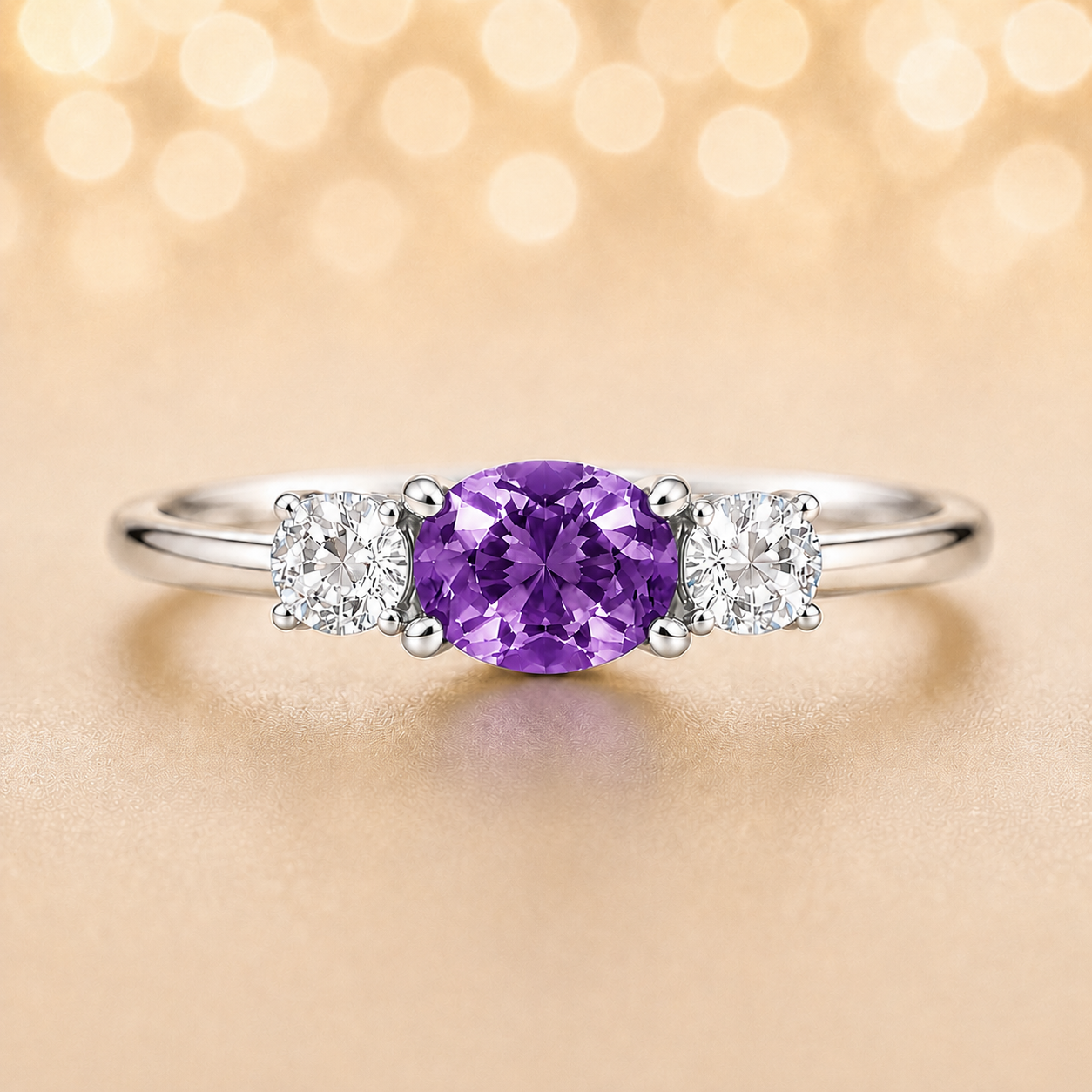 Purple sapphire ring, 5×4 mm oval with moissanite accents in white gold-plated 925 silver. Elegant and hypoallergenic. Available now at BSI Jewelry.