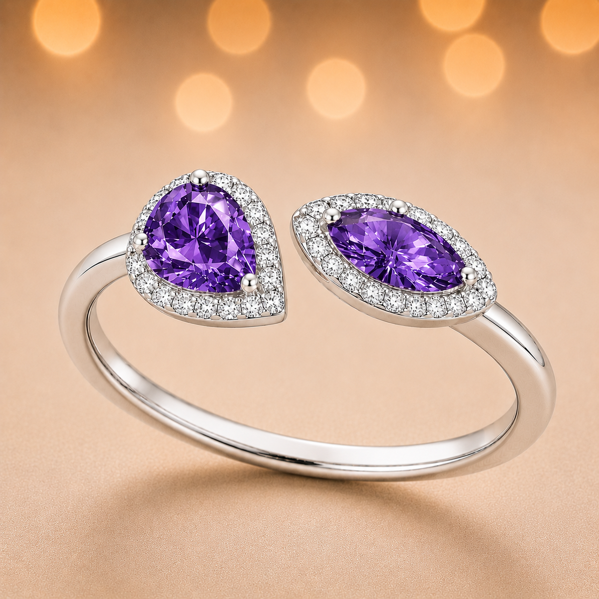Purple sapphire ring with 6×3 mm pear and marquise cuts, crafted in white gold-plated 925 silver with moissanite accents. Available now at BSI Jewelry.
