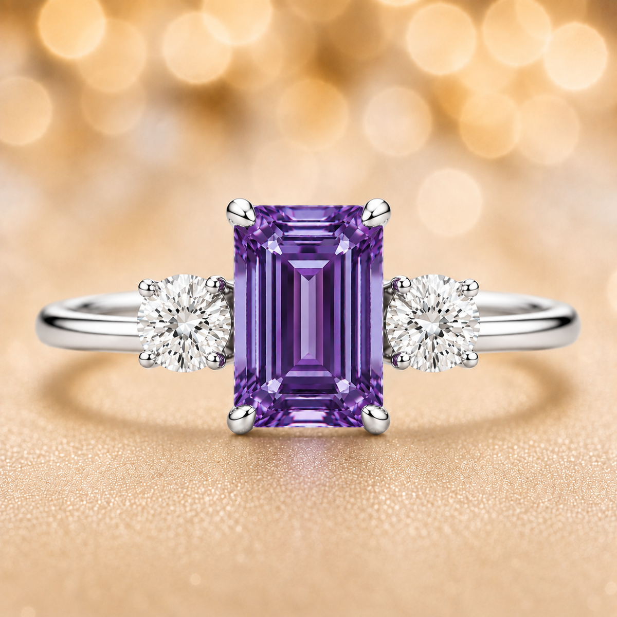Purple sapphire ring, 6×4 mm emerald cut with 3 mm moissanite sides, set in white gold-plated 925 silver. Elegant and hypoallergenic. Available now at BSI Jewelry.