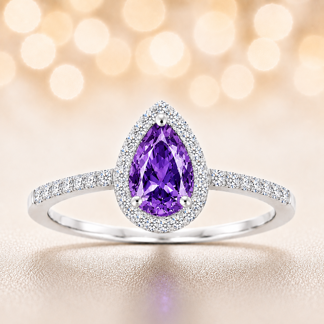 Purple sapphire ring with a 7×5 mm pear cut, with moissanite in white gold-plated 925 silver. Elegant and timeless for daily wear. Available now at BSI Jewelry.