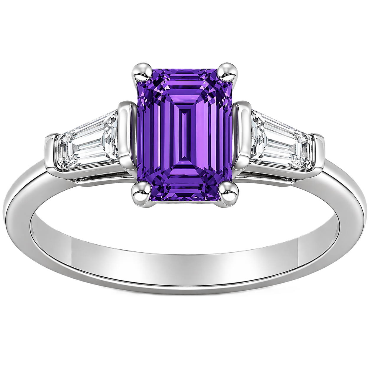Purple sapphire ring, 7×5 mm emerald cut with tapered moissanite, crafted in white gold-plated 925 silver. Elegant and refined. Available now at BSI Jewelry.