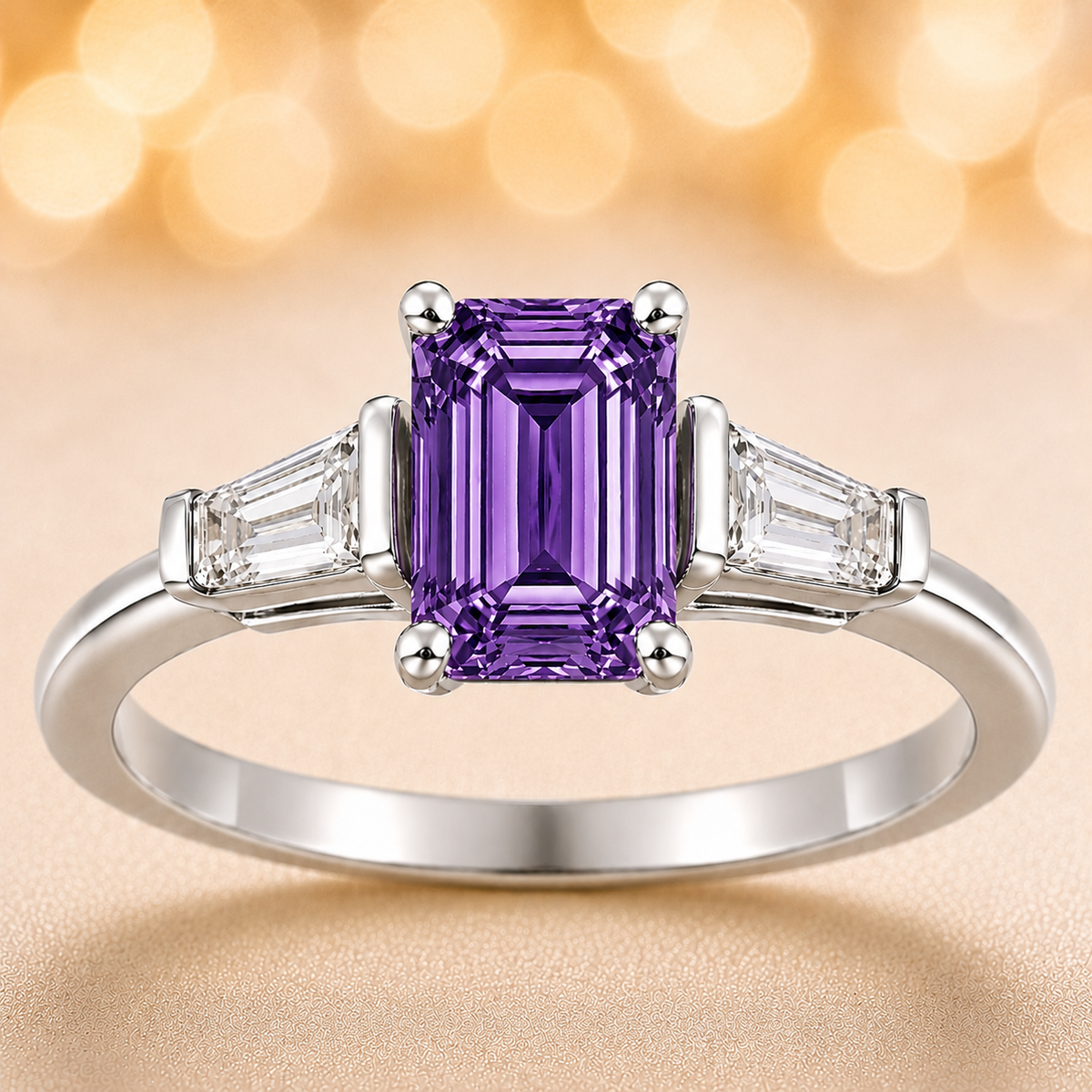 Purple sapphire ring, 7×5 mm emerald cut with tapered moissanite, crafted in white gold-plated 925 silver. Elegant and refined. Available now at BSI Jewelry.