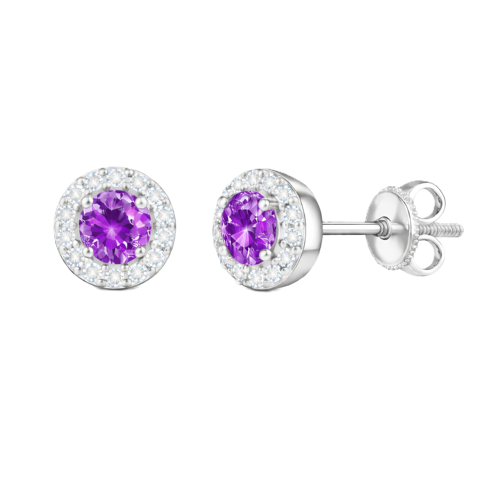 Purple sapphire stud earrings with 4 mm round cut in white gold-plated 925 silver, accented with moissanite and screw-back posts. Available now at BSI Jewelry.