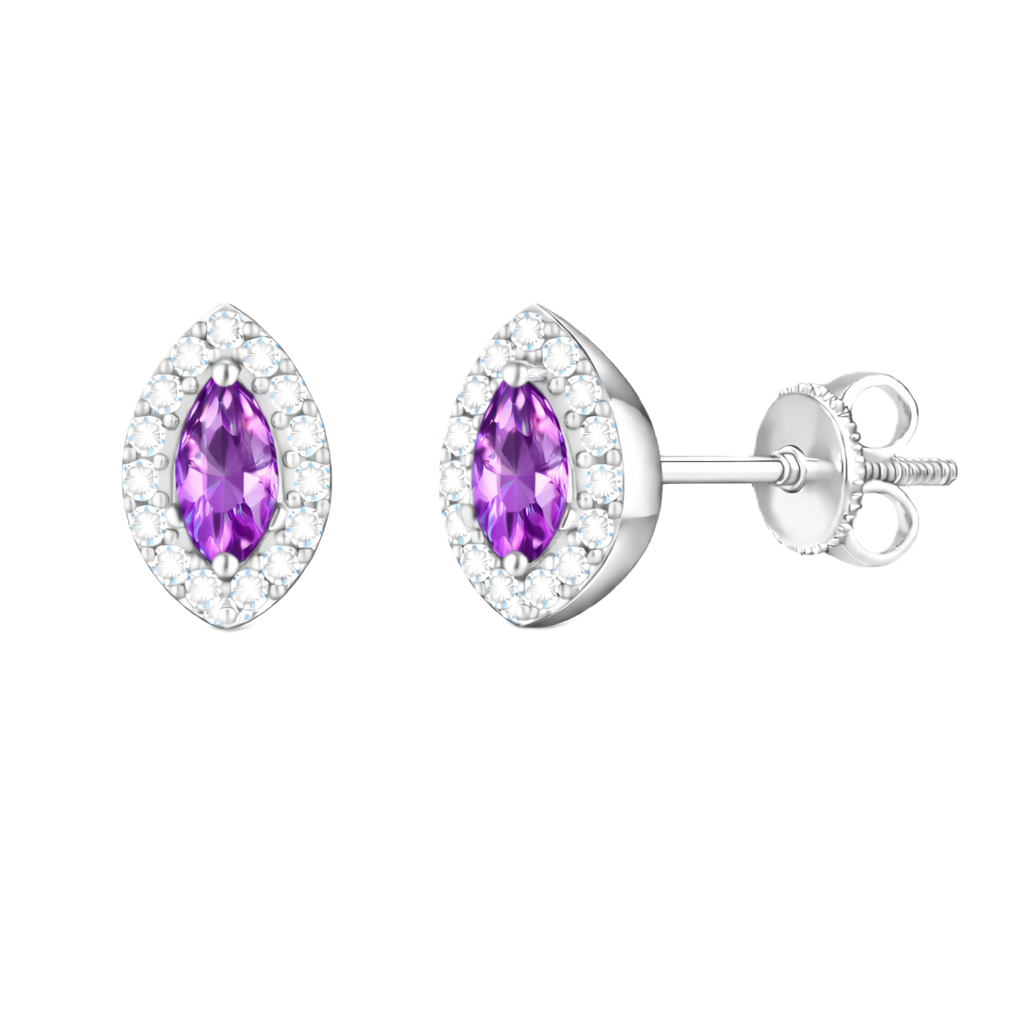 Purple sapphire stud earrings with 5×2.5 mm marquise in white gold-plated 925 silver, accented with moissanite. Rich and elegant. Available now at BSI Jewelry.