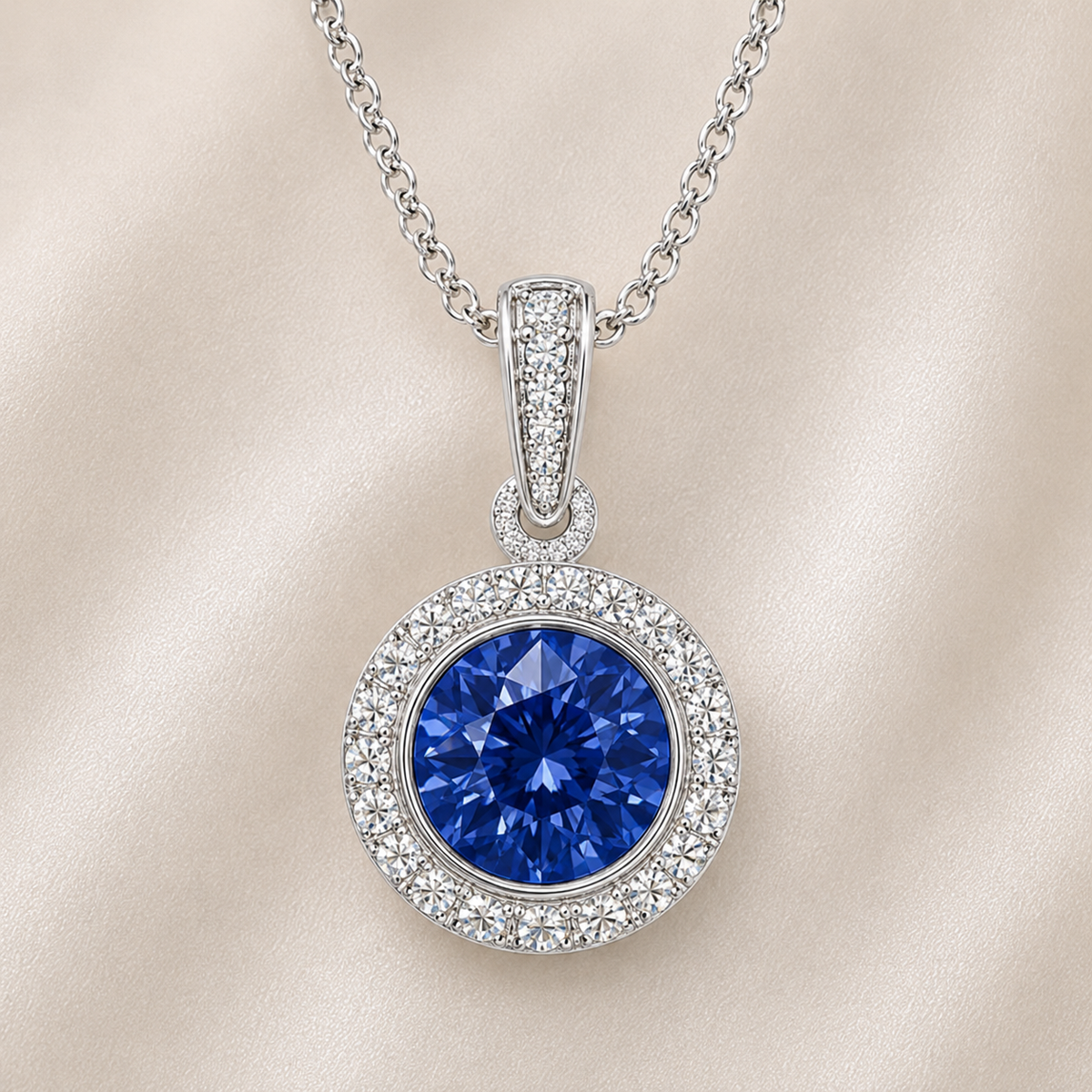 Round blue sapphire pendant, 6 mm round, crafted in white gold-plated 925 silver with moissanite halo accents. Available now at BSI Jewelry.