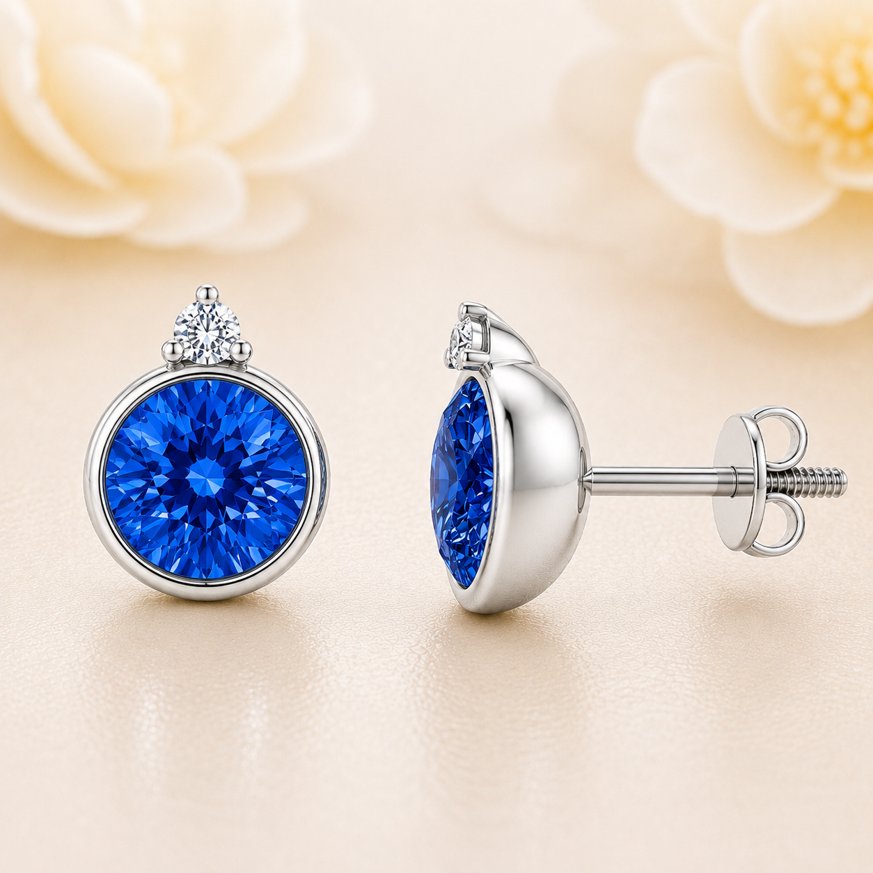 Blue sapphire stud earrings, 5 mm round, crafted in white gold-plated 925 silver. Elegant and hypoallergenic. Available now at BSI Jewelry.