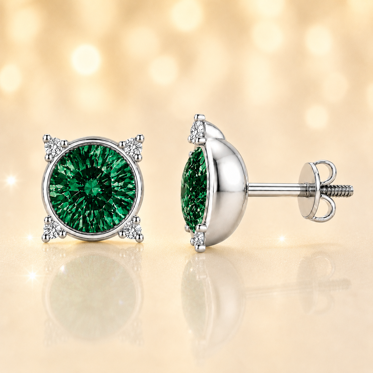 Round green sapphire stud earrings with moissanite accents in white gold-plated 925 silver. Elegant and hypoallergenic. Available now at BSI Jewelry.