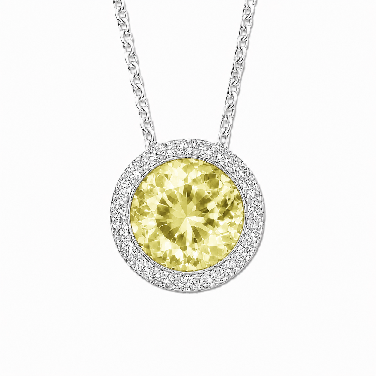 Lemon quartz pendant with a 7 mm round gemstone in white gold-plated 925 silver. Elegant and hypoallergenic. Available now at BSI Jewelry.