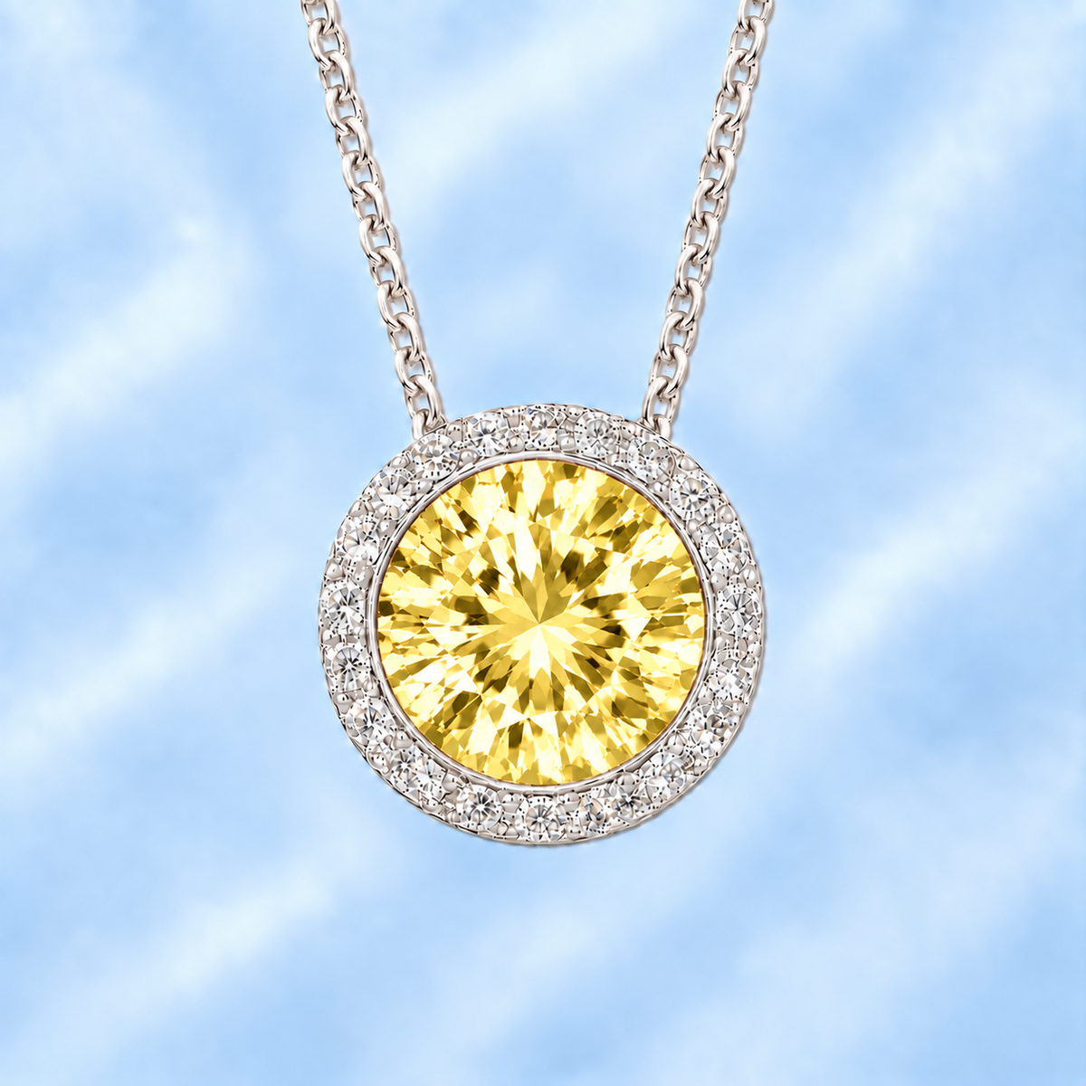 Lemon quartz pendant with a 7 mm round gemstone in white gold-plated 925 silver. Elegant and hypoallergenic. Available now at BSI Jewelry.