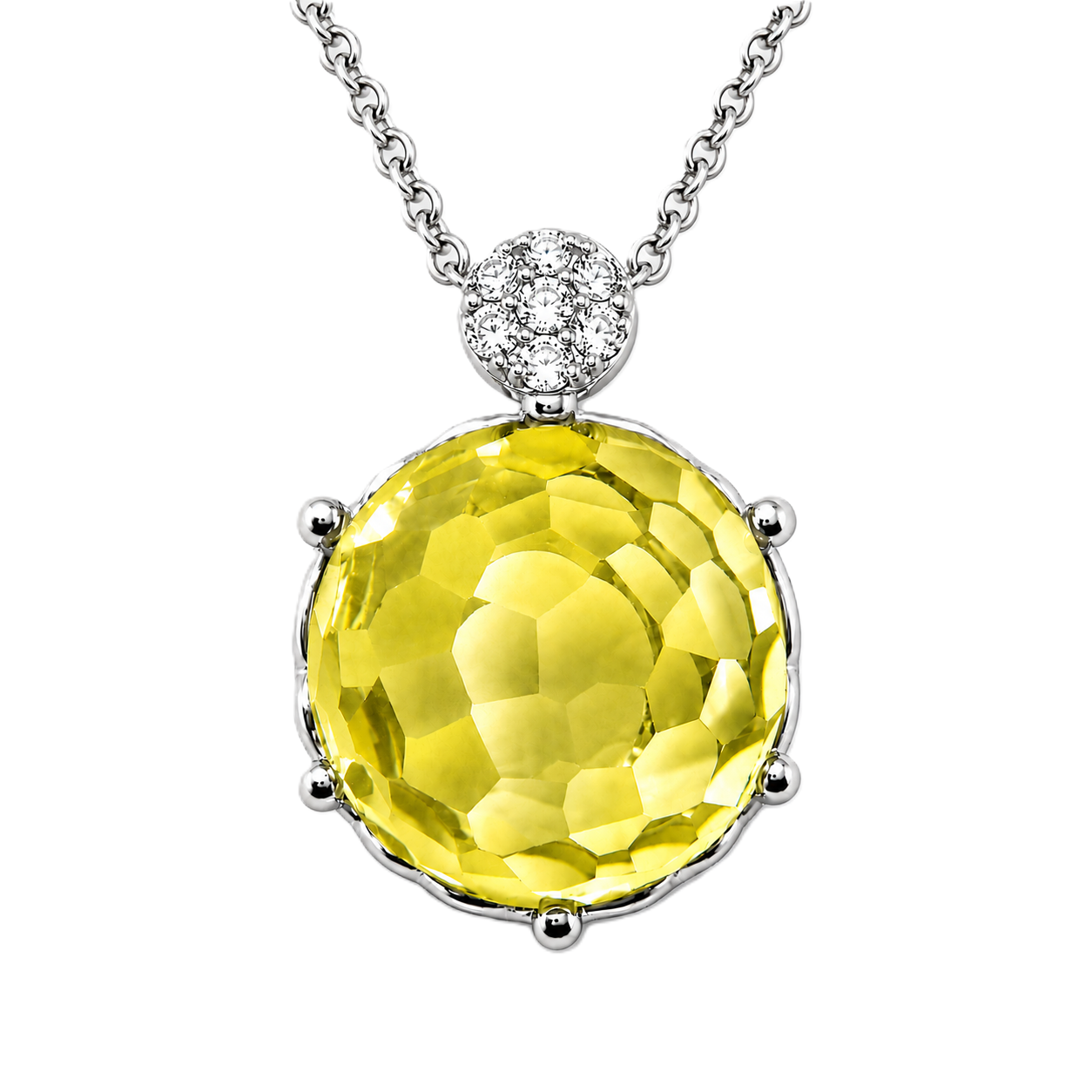 Round lemon quartz pendant with an 8 mm cabochon gemstone in white gold-plated 925 silver. Elegant and hypoallergenic. Available now at BSI Jewelry.