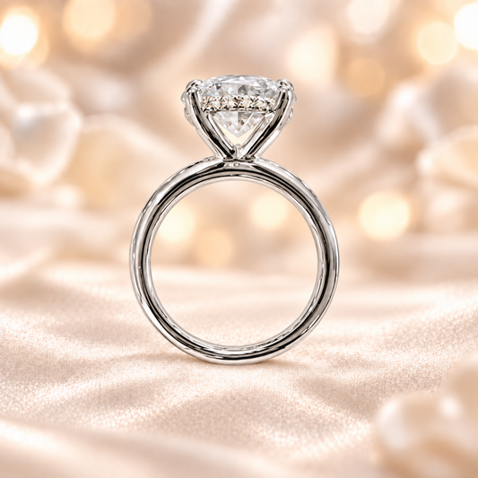 Discover a 9mm Round Brilliant Moissanite engagement ring in white gold plated 925 silver. GRA certified finely crafted by BSI Jewelry.