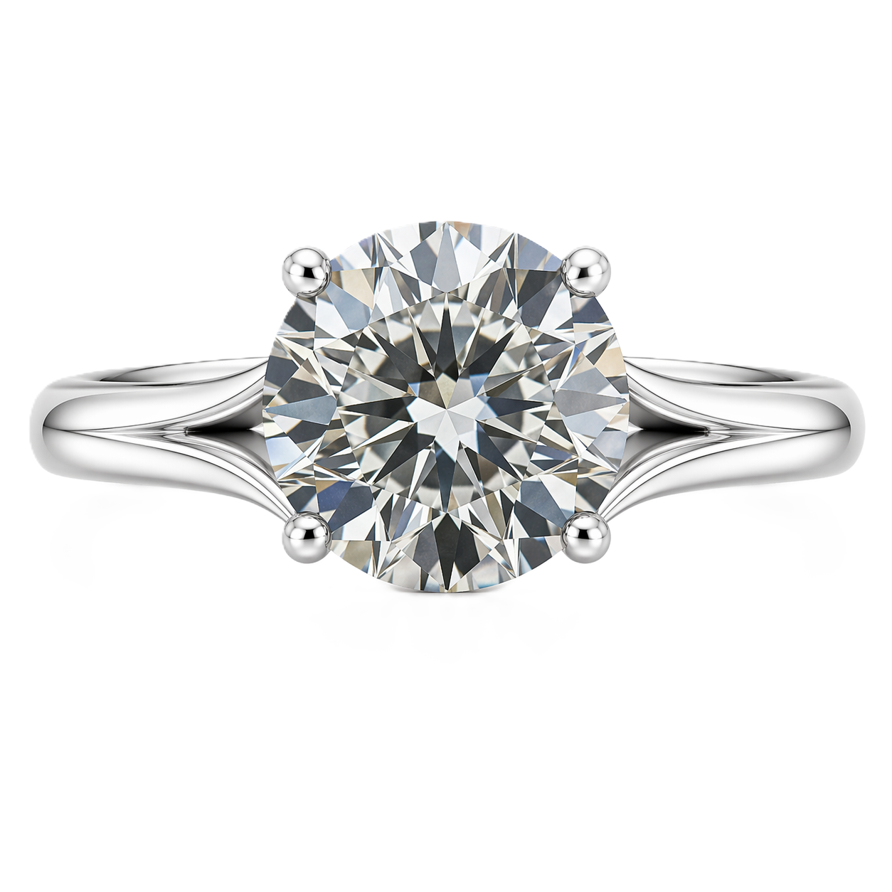 Round cut moissanite ring, 10 mm, set in white gold plated 925 silver. Classic brilliance with timeless elegance. Available now at BSI Jewelry.