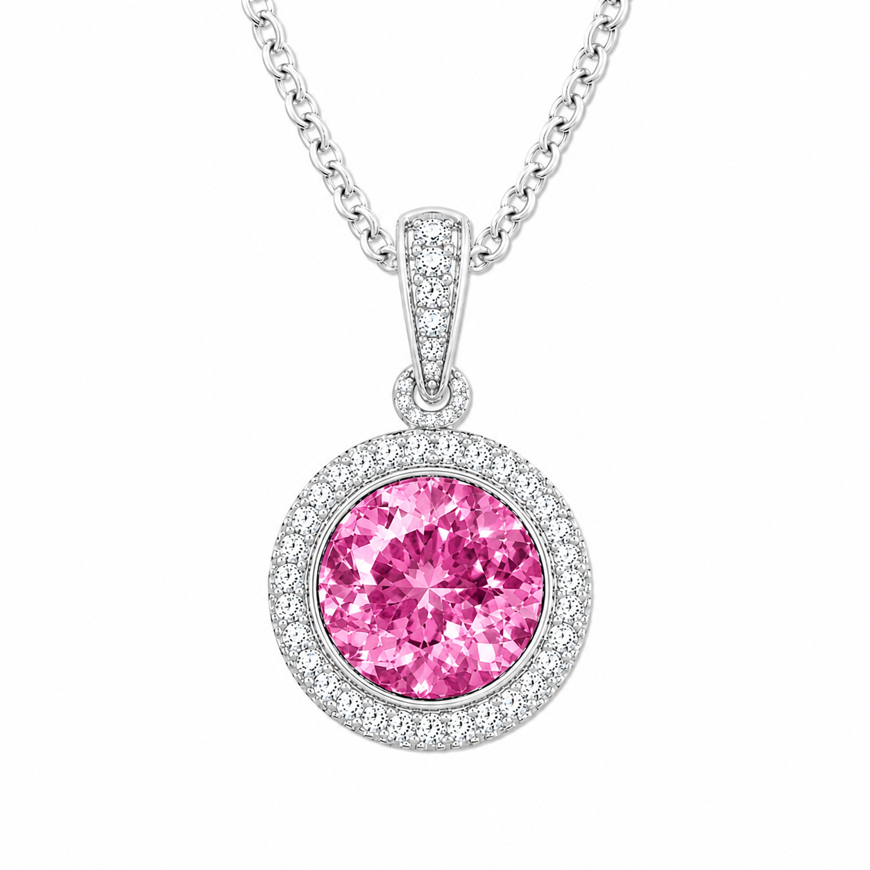 Round pink sapphire pendant, 6 mm round, crafted in white gold-plated 925 silver with moissanite halo accents. Available now at BSI Jewelry.
