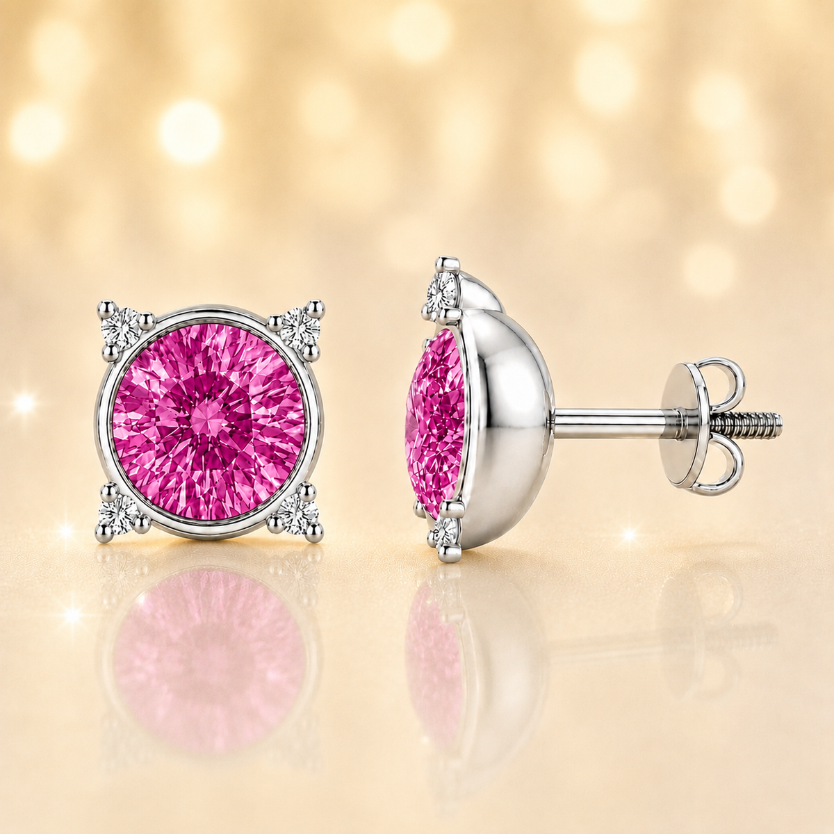 Round pink sapphire stud earrings with moissanite accents in white gold-plated 925 silver. Elegant and hypoallergenic. Available now at BSI Jewelry.