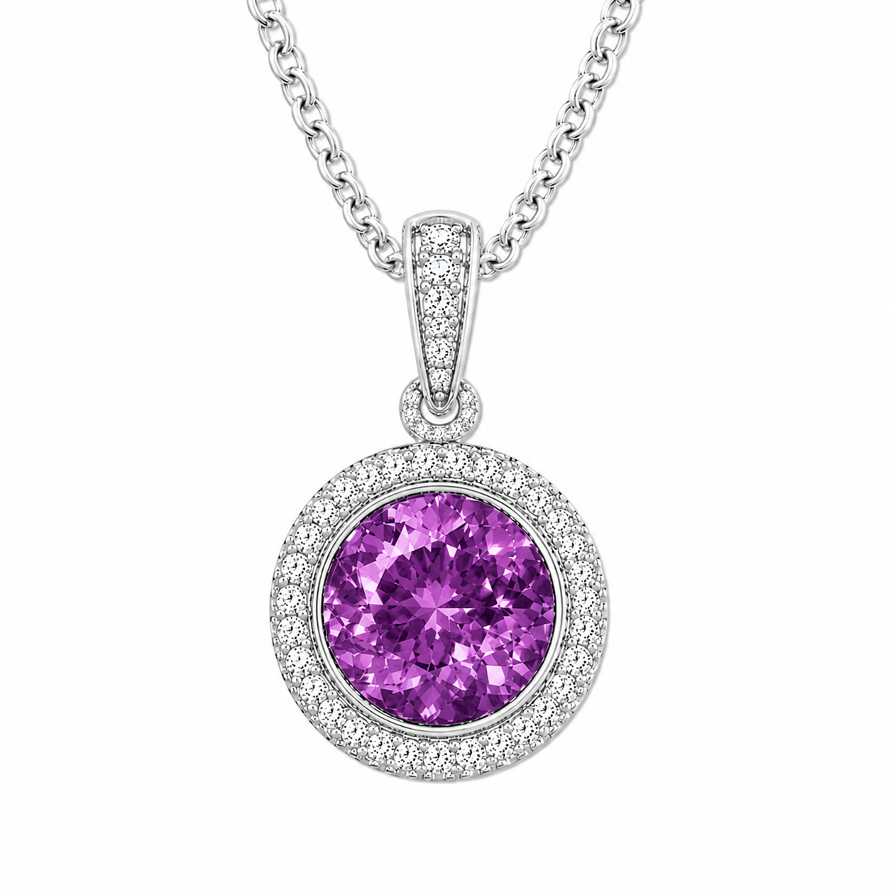 Round purple sapphire pendant crafted in white gold-plated 925 silver with moissanite halo accents. Available now at BSI Jewelry.
