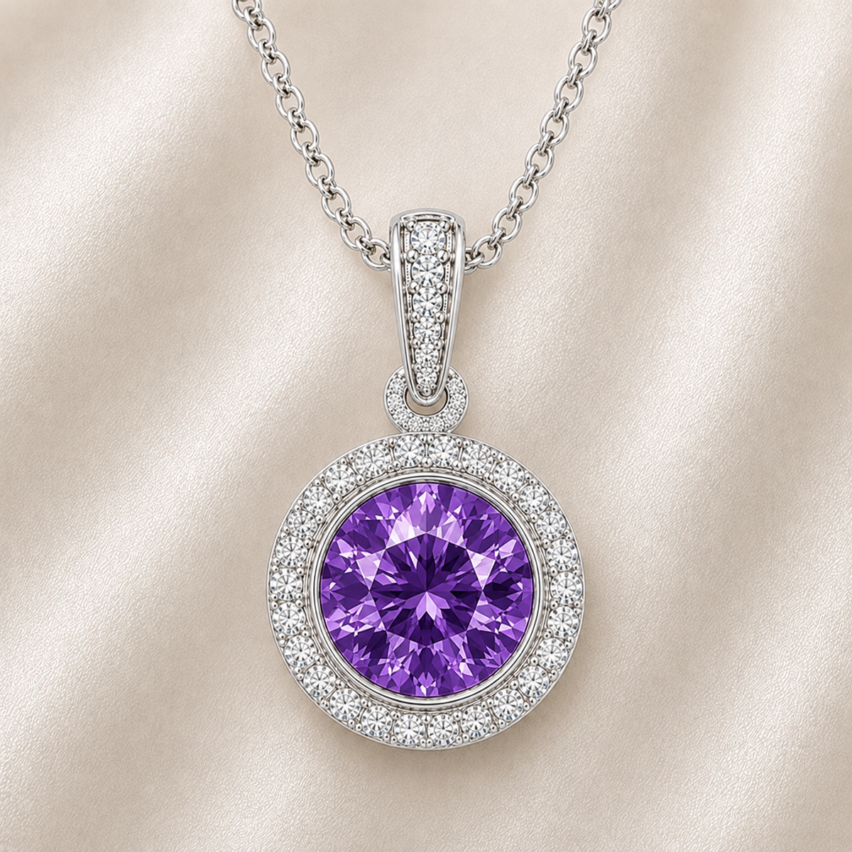 Round purple sapphire pendant crafted in white gold-plated 925 silver with moissanite halo accents. Available now at BSI Jewelry.