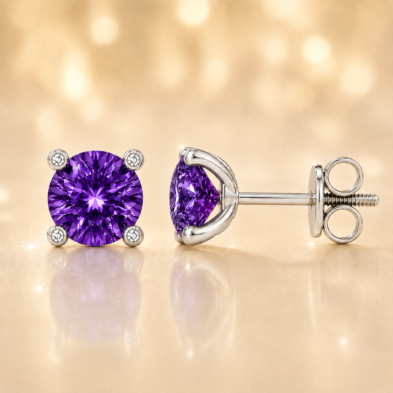 Round purple sapphire stud earrings with 5 mm stones and moissanite prongs in white gold plated 925 silver. Available now at BSI Jewelry.