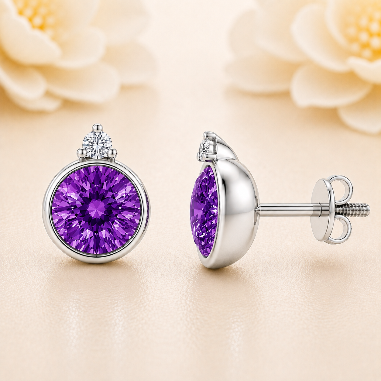 Purple sapphire stud earrings, 5 mm round, crafted in white gold-plated 925 silver. Elegant and hypoallergenic. Available now at BSI Jewelry.