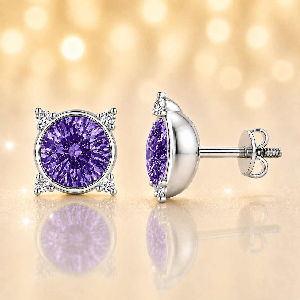 Round purple sapphire stud earrings with moissanite accents in white gold-plated 925 silver. Elegant and hypoallergenic. Available now at BSI Jewelry.