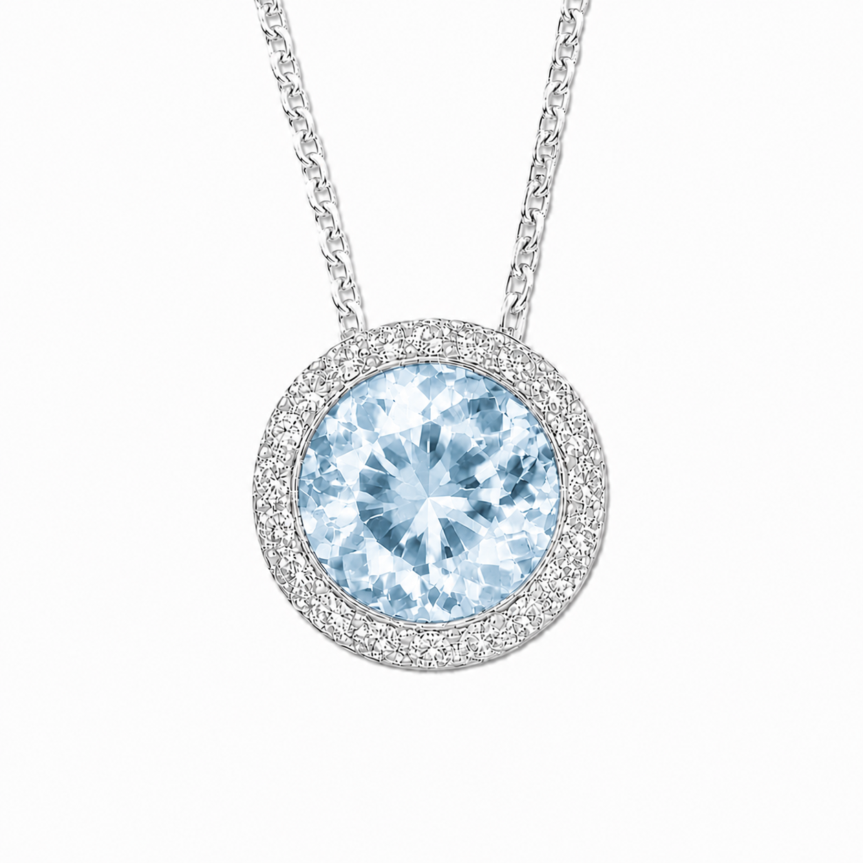 Sky blue topaz pendant with a 7 mm round gemstone in white gold-plated 925 silver. Elegant and hypoallergenic. Available now at BSI Jewelry.