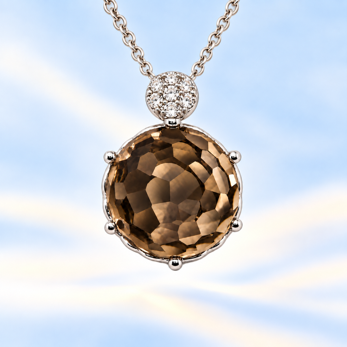 Round smoky quartz pendant with an 8 mm cabochon gemstone in white gold-plated 925 silver. Elegant and hypoallergenic. Available now at BSI Jewelry.