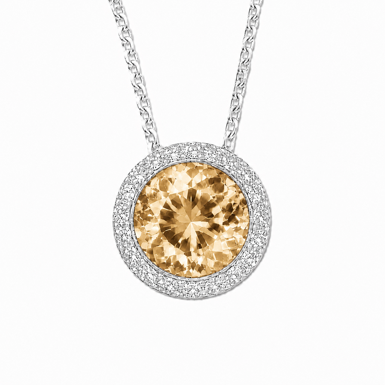 Whisky quartz pendant with a 7 mm round gemstone in white gold-plated 925 silver. Elegant and hypoallergenic. Available now at BSI Jewelry.