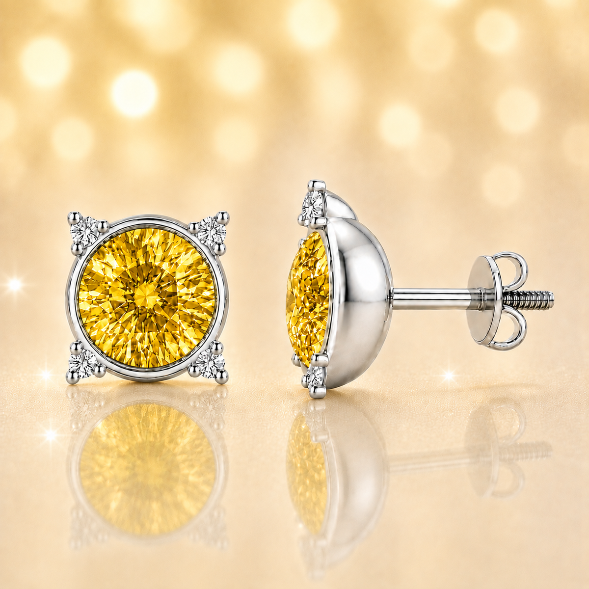 Round yellow sapphire stud earrings with moissanite accents in white gold-plated 925 silver. Bright and hypoallergenic. Available now at BSI Jewelry.