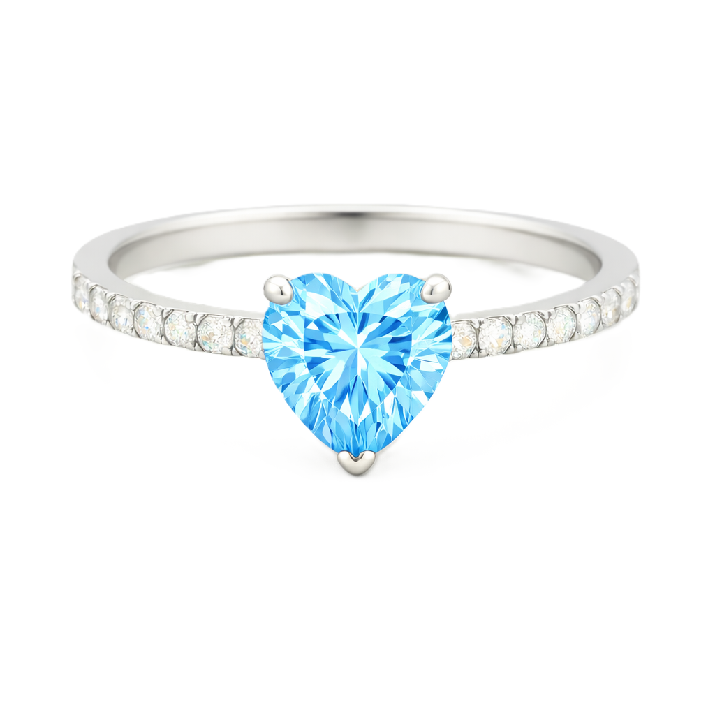 Sky blue topaz ring with a 6 mm heart in white gold-plated 925 silver, with moissanite. Romantic and elegant for daily wear. Available now at BSI Jewelry.