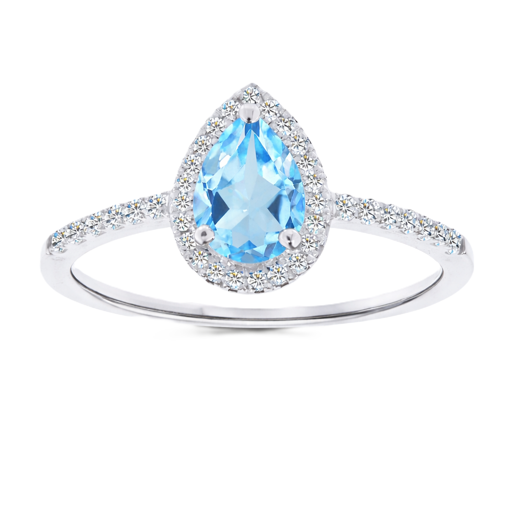 Sky blue topaz ring with a 7×5 mm pear cut, with moissanite in white gold-plated 925 silver. Elegant and timeless for daily wear. Available now at BSI Jewelry.