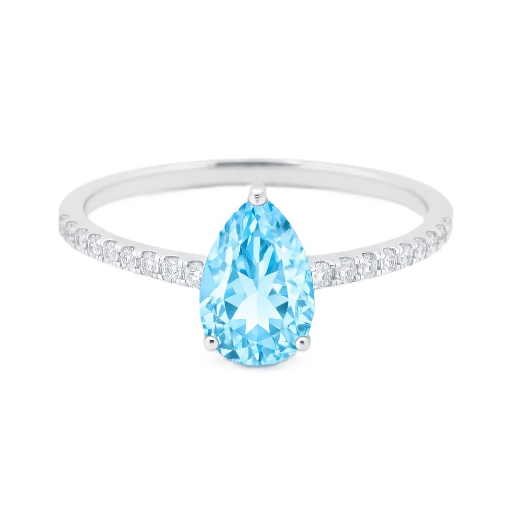 Sky blue topaz ring with a 7×5 mm pear-cut stone and moissanite accents in white gold plated 925 silver. Elegant for daily wear. Available now at BSI Jewelry.