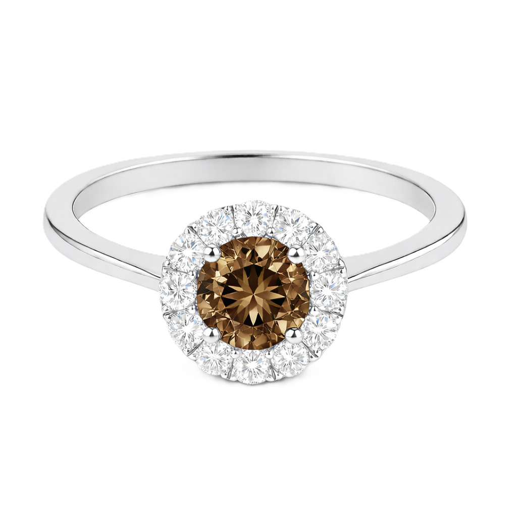Smoky quartz ring with a 4.50 mm round-cut in white gold-plated 925 silver, accented with moissanite for elegant warm brilliance. Available now at BSI Jewelry.