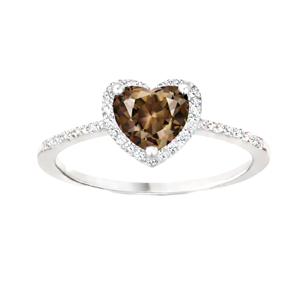 Smoky quartz ring with a 6 mm heart cut, crafted in white gold-plated 925 silver and accented with moissanite. Available now at BSI Jewelry.