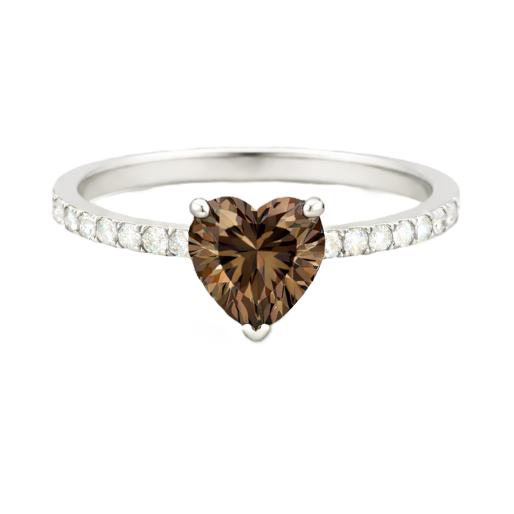 Smoky quartz ring with a 6 mm heart in white gold-plated 925 silver, with moissanite. Romantic and elegant for daily wear. Available now at BSI Jewelry.