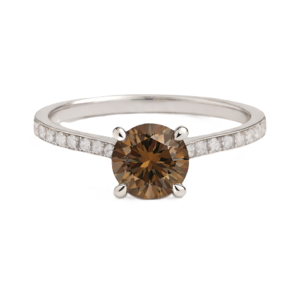 Smoky quartz ring with a 6 mm round-cut and moissanite accents, crafted in white gold-plated 925 silver. Elegant for daily wear. Available now at BSI Jewelry.