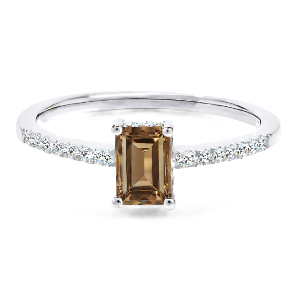 Smoky quartz ring with a 7×5 mm emerald cut in white gold-plated 925 silver, with moissanite. Elegant and refined for daily wear. Available now at BSI Jewelry.