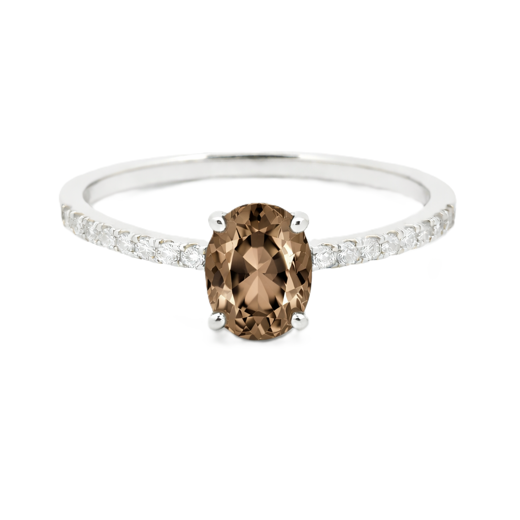 Smoky quartz ring with a 7×5 mm oval-cut stone and moissanite accents in white gold plated 925 silver. Elegant for daily wear. Available now at BSI Jewelry.
