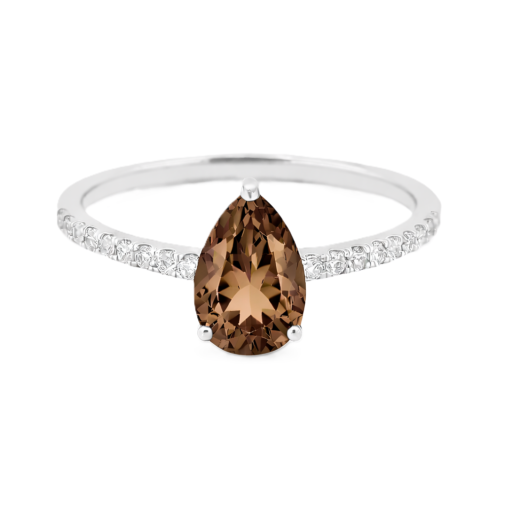 Smoky quartz ring with a 7×5 mm pear-cut stone and moissanite accents in white gold plated 925 silver. Elegant for daily wear. Available now at BSI Jewelry.