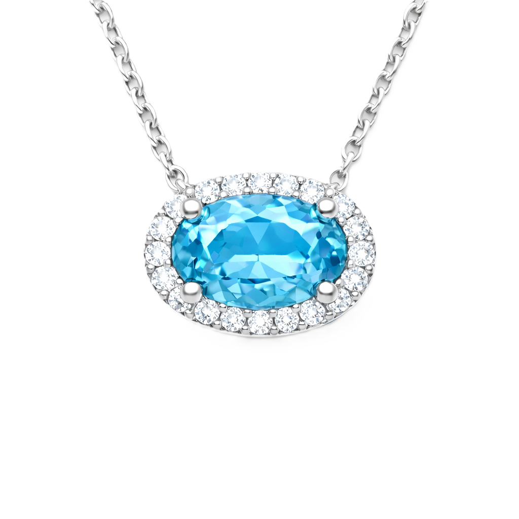 Swiss blue topaz necklace with 8×5 mm oval gemstone in white gold-plated 925 silver, accented with moissanite. Fresh and elegant. Available now at BSI Jewelry.