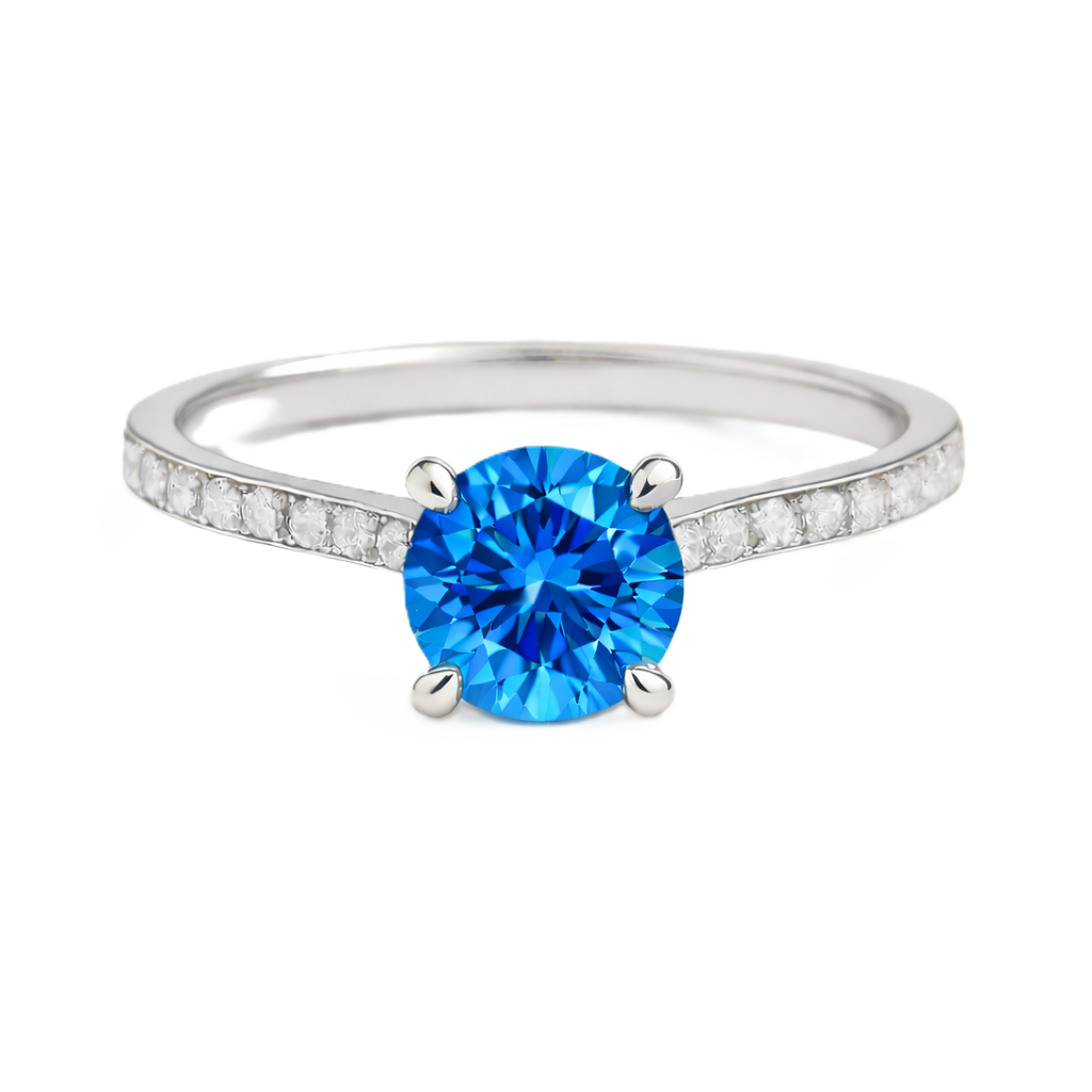 Swiss blue topaz ring with a 6 mm round-cut and moissanite accents, crafted in white gold-plated 925 silver. Elegant for daily wear. Available now at BSI Jewelry.