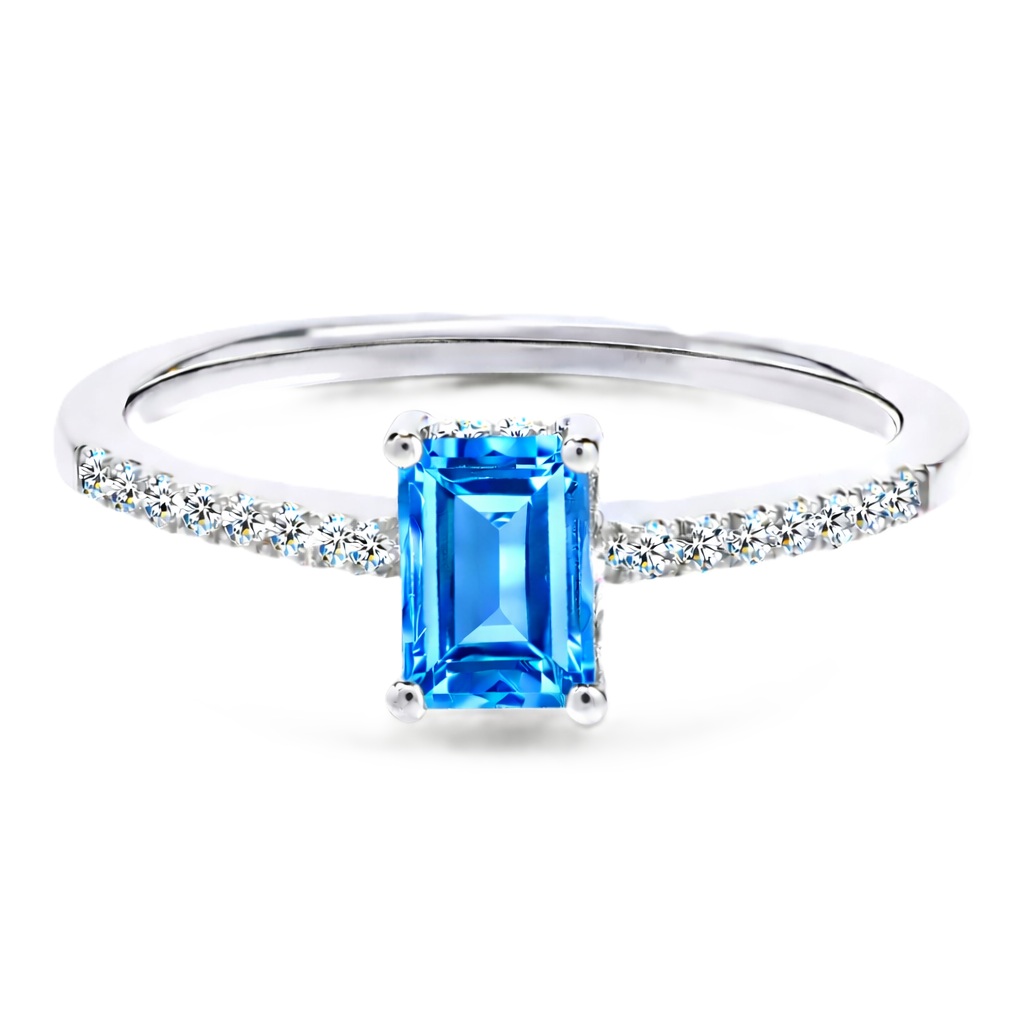 Swiss blue topaz ring with a 7×5 mm emerald cut in white gold-plated 925 silver, with moissanite. Elegant and refined for daily wear. Available now at BSI Jewelry.