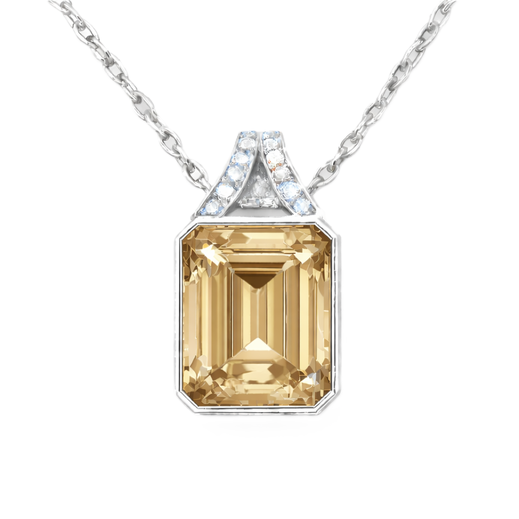 Whisky quartz pendant with a 12×10 mm emerald-cut gemstone in white gold-plated 925 silver. Warm, elegant, and radiant for daily wear. Available now at BSI Jewelry.