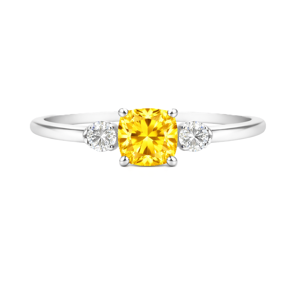 Yellow sapphire engagement ring, 6 mm cushion, crafted in white gold-plated 925 silver. Elegant and timeless for daily wear. Available now at BSI Jewelry.