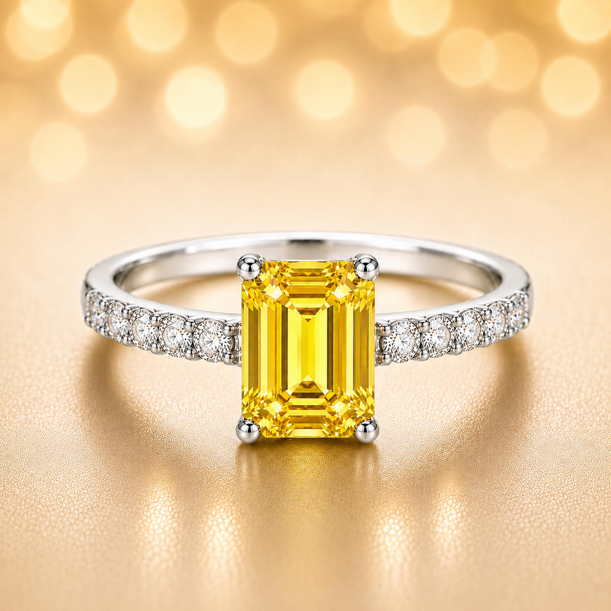 7×5mm emerald-cut Yellow Sapphire engagement ring with Moissanite accents in white-gold-plated 925 silver. Elegant and hypoallergenic. Available at BSI Jewelry.