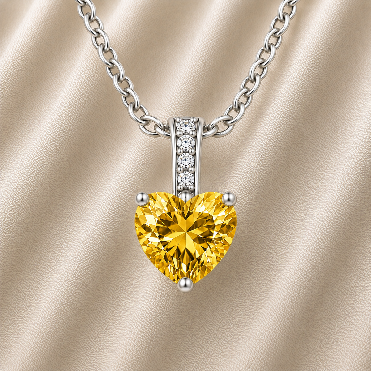 Yellow sapphire heart necklace featuring a vibrant 6 mm heart gemstone in white gold-plated 925 silver. Bright, elegant, and available now at BSI Jewelry.