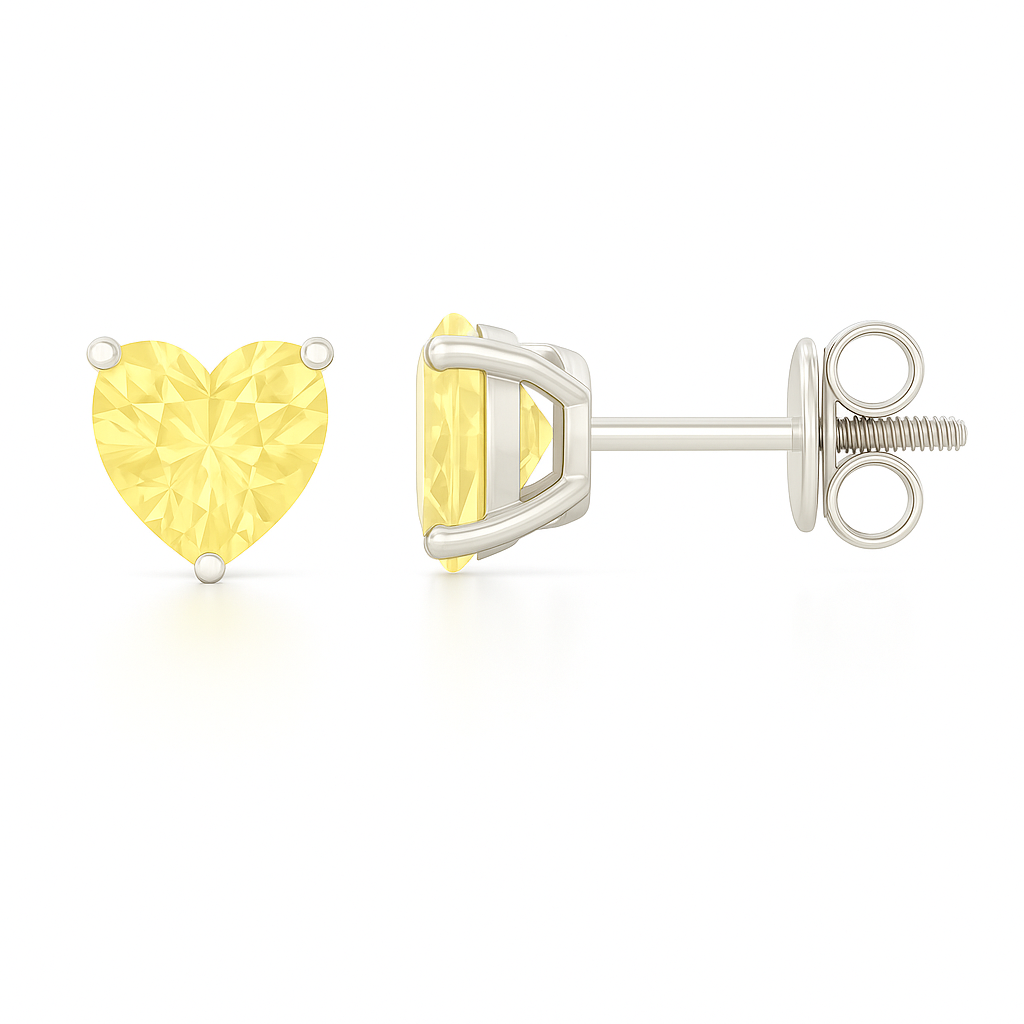 Elegant 6mm heart-cut Yellow Sapphire stud earrings in white-gold-plated 925 silver, hypoallergenic and safe to wear. Available now at BSI Jewelry.